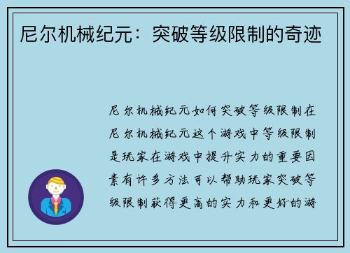 尼尔机械纪元：突破等级限制的奇迹